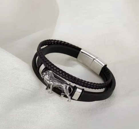 Lion Charm Multi-Layer Leather Bracelet for Men