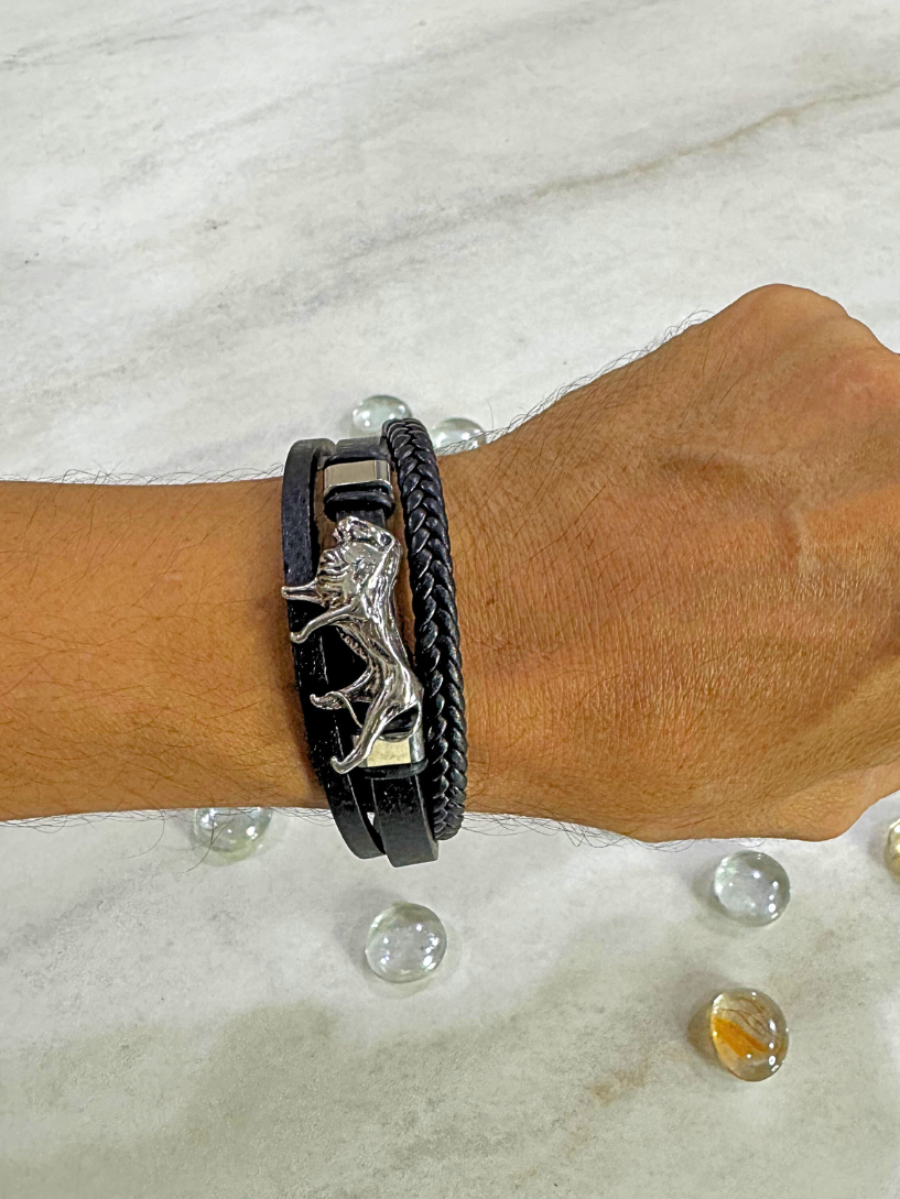 Lion Charm Multi-Layer Leather Bracelet for Men