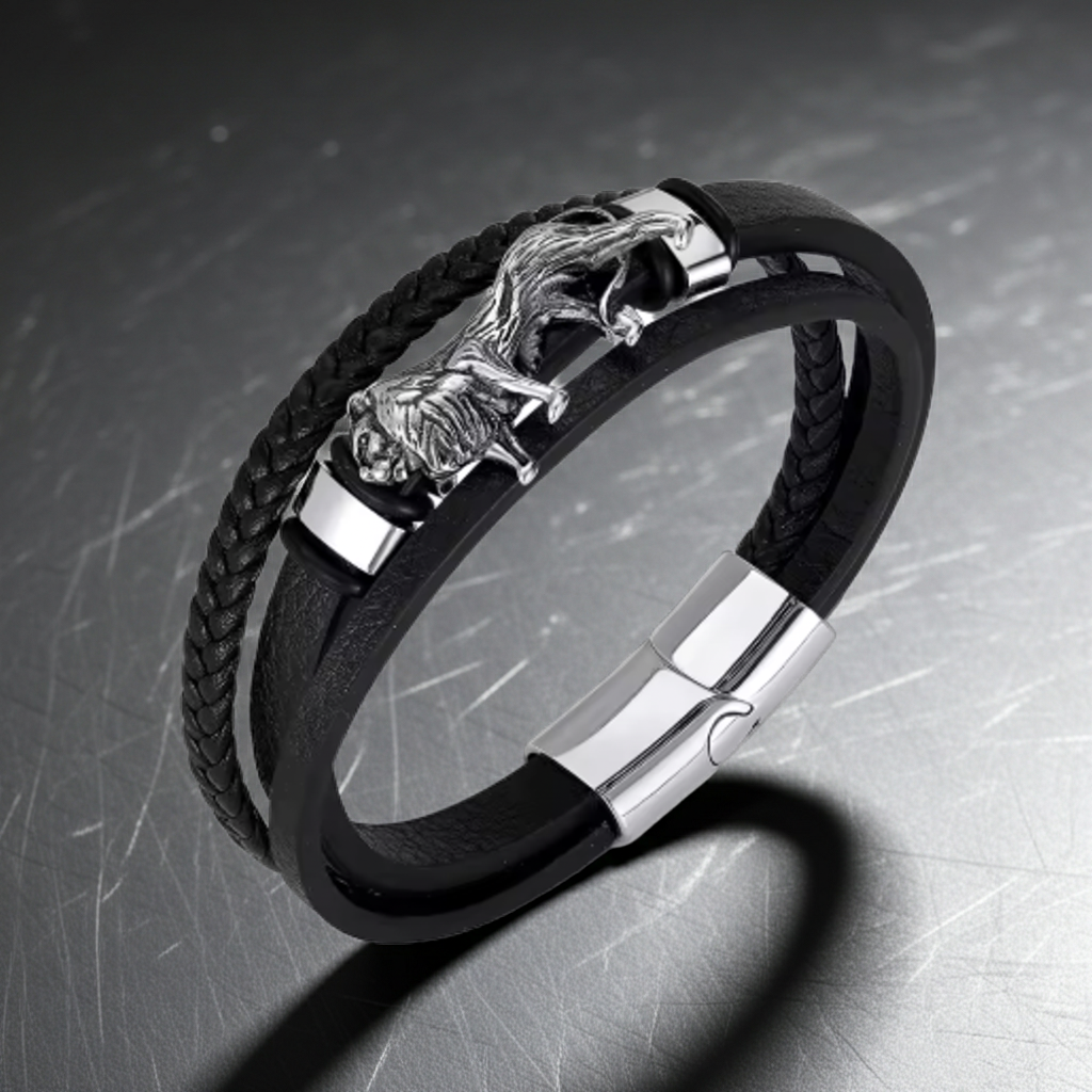 Lion Charm Multi-Layer Leather Bracelet for Men